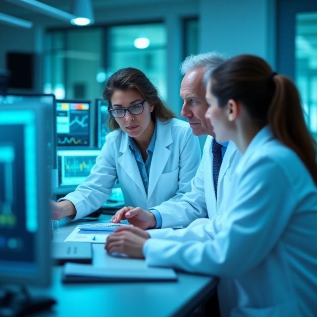 最新の研究データ表示を見ながら議論するシニア研究者たち